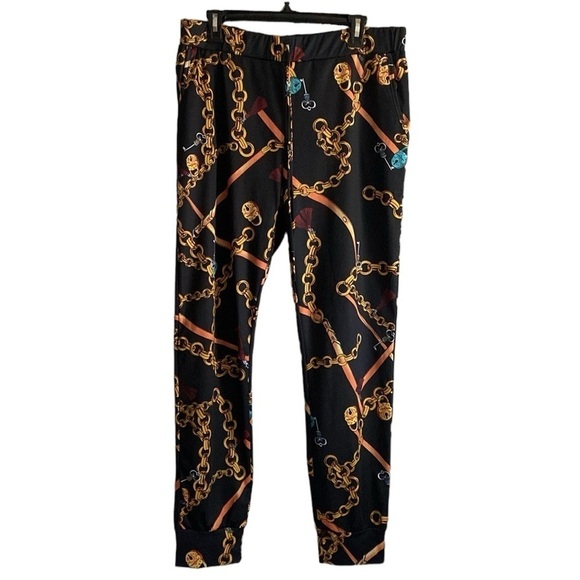 Pants - Women’s Black Stretch Plus Size 3X Pants With Retro Gold Chain Print